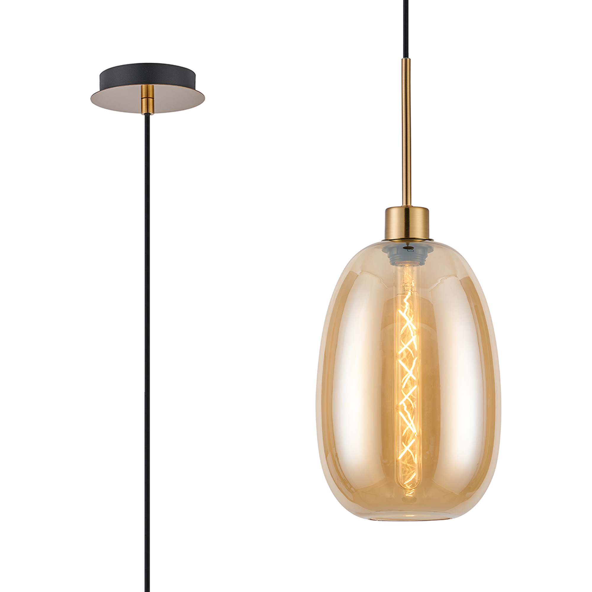 DK1163  Lori 1.7m Single Pendant, 1 Light Adjustable E27, Antique Gold/Amber Slim Curved Trapezium Shades